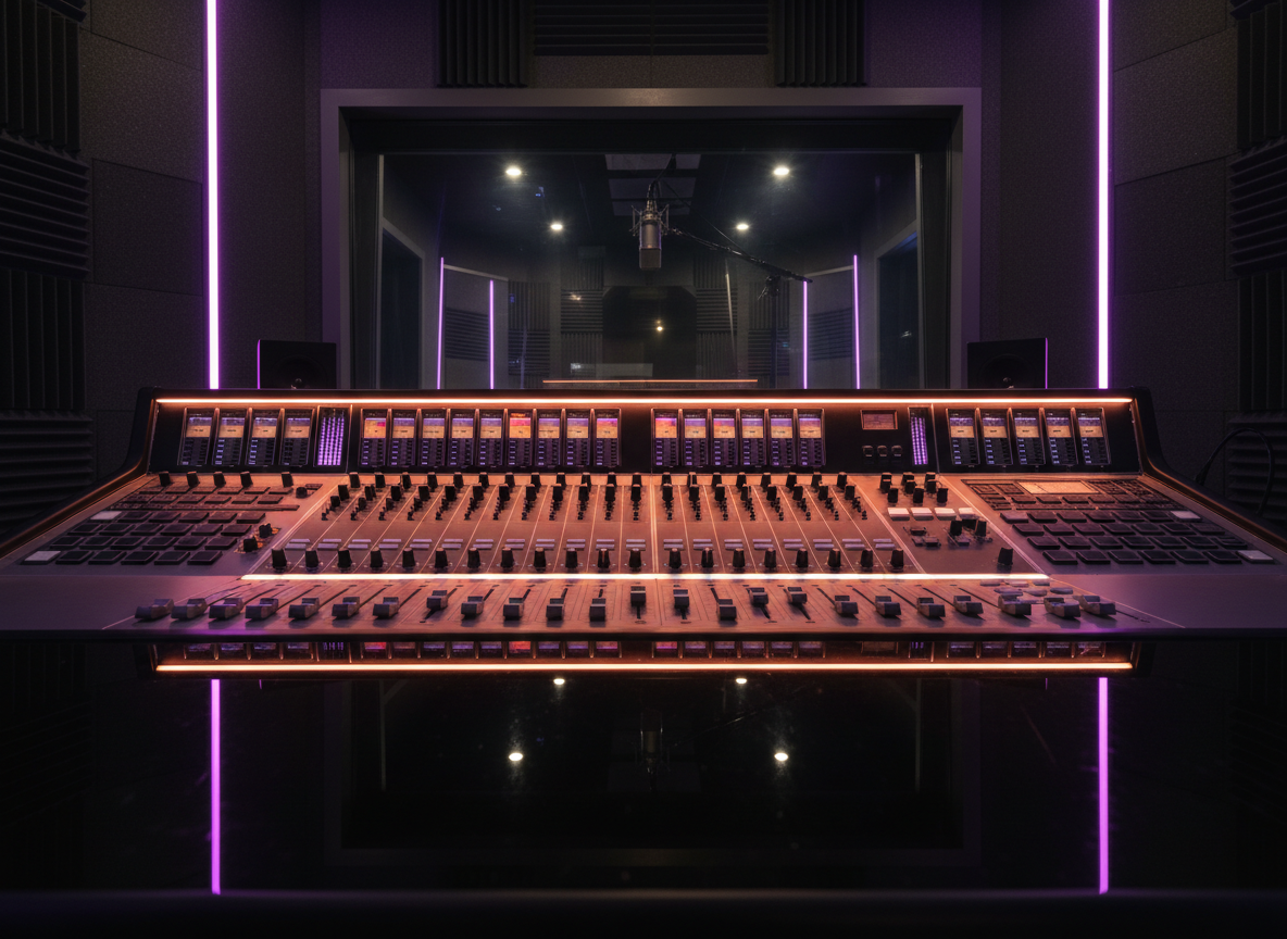 A sleek, modern recording console dominates a dimly lit Atlanta studio, its brushed metal faders, glowing LED meters, and backlit pads arranged in perfect symmetry. Thick acoustic foam panels in deep charcoal line the walls, and a glass window reveals a blurred vocal booth beyond with a suspended microphone silhouette. Neon accents in warm amber and electric purple wash across the gear, creating reflections on the polished black desk surface. Photographic realism, shot from a low, slightly angled perspective that emphasizes the power of the equipment. The lighting is dramatic and moody, with subtle rim light outlining each knob and fader, capturing a bold, high-energy southern soul and hip hop production vibe.