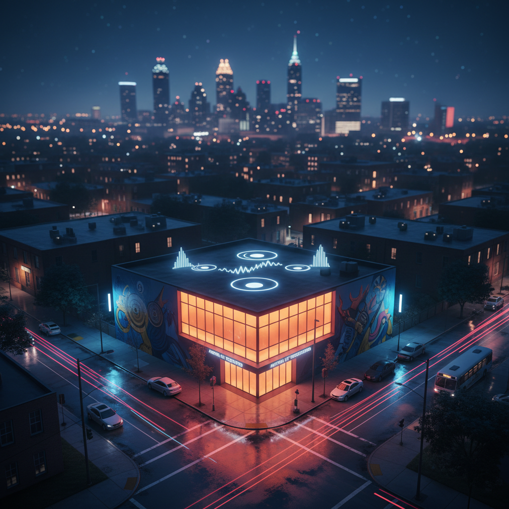 A night-time aerial, photographic view of a stylized Atlanta neighborhood block, with a compact, modern music studio building glowing at the center in warm orange light. Its rooftop features minimalist, illuminated shapes suggesting speakers and waveforms instead of logos or text. Surrounding streets glisten as if just rained on, reflecting streaks of neon pink and blue from nearby signs and passing traffic. Subtle murals along the building walls echo southern soul and hip hop iconography in abstract form. The city skyline rises in the distance under a hazy, deep blue sky. Shot from a high, cinematic angle, the composition feels expansive, urban, and bold, visually anchoring Anotha Hit Productions within Atlanta’s music culture.