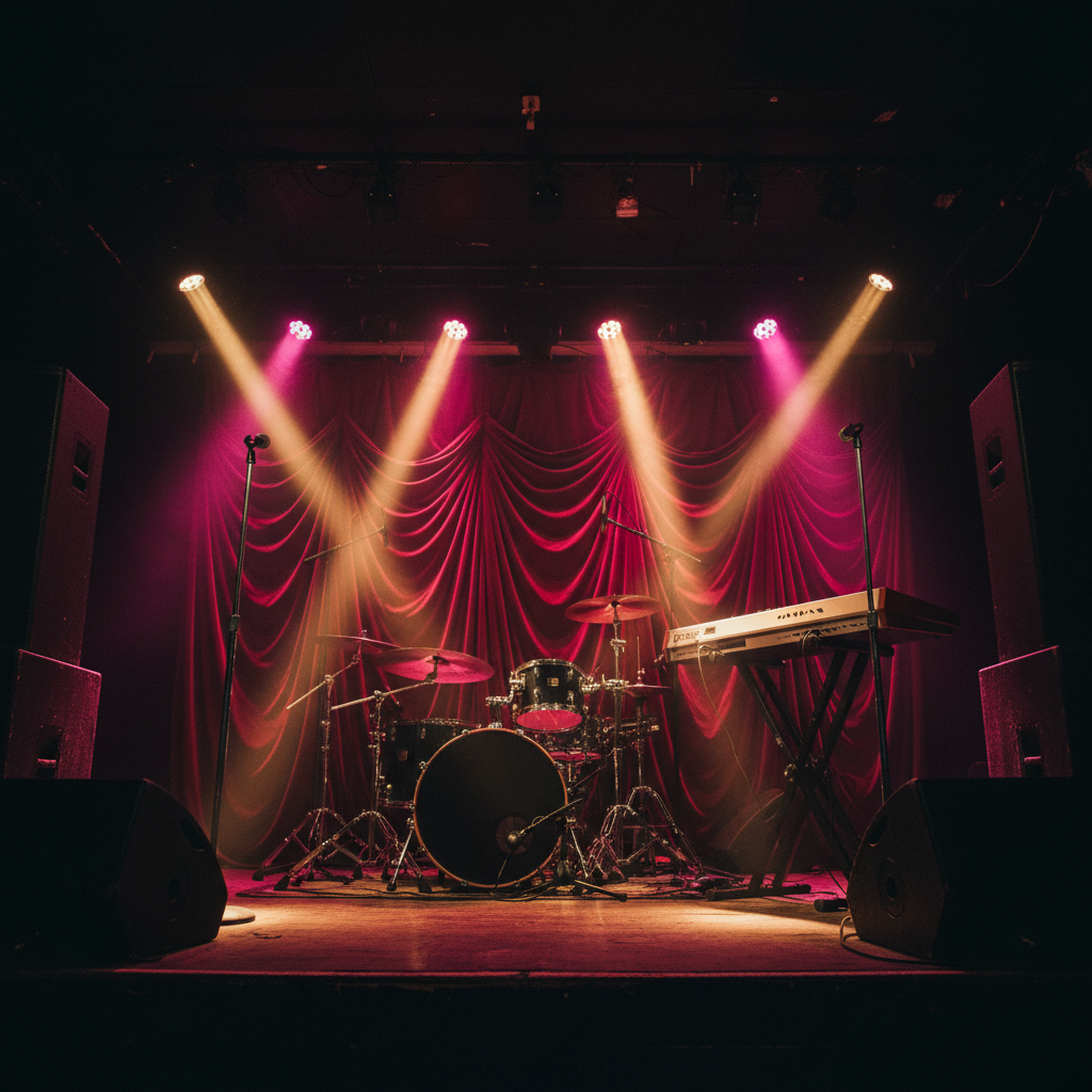 A dramatic, wide photographic view of an empty live performance stage in a small Atlanta club, featuring a glossy black drum kit, polished chrome mic stands, and a gleaming keyboard on a sturdy stand. The backdrop is a deep burgundy curtain with subtle folds, illuminated by angled spotlights casting sharp, geometric beams of magenta and gold. Thick speaker cabinets and subwoofers frame the scene, their textured surfaces catching slivers of light. A low-lying haze creates visible light rays, adding depth and energy. Shot from a low-angle perspective at the front of the stage, the composition feels bold and anticipatory, capturing the raw southern soul and hip hop atmosphere of a show moments before the music hits.