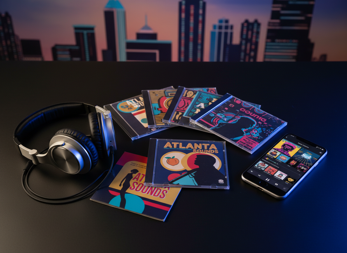 A meticulously arranged collection of physical media and digital devices on a matte black table: jewel-case CDs with bold, graphic cover art inspired by southern soul, a slim smartphone showing a vibrant streaming interface, and a pair of over-ear studio headphones with brushed aluminum arms and plush leather earcups. The CDs fan out, reflecting soft highlights from a warm overhead light, while the phone screen emits a cool, crisp glow. In the softly blurred background, an abstract urban Atlanta skyline mural hints at the city’s music culture. Photographic realism, shot from a slightly elevated angle, with a balanced composition emphasizing accessibility to music across formats, projecting a bold, modern, fan-focused energy.