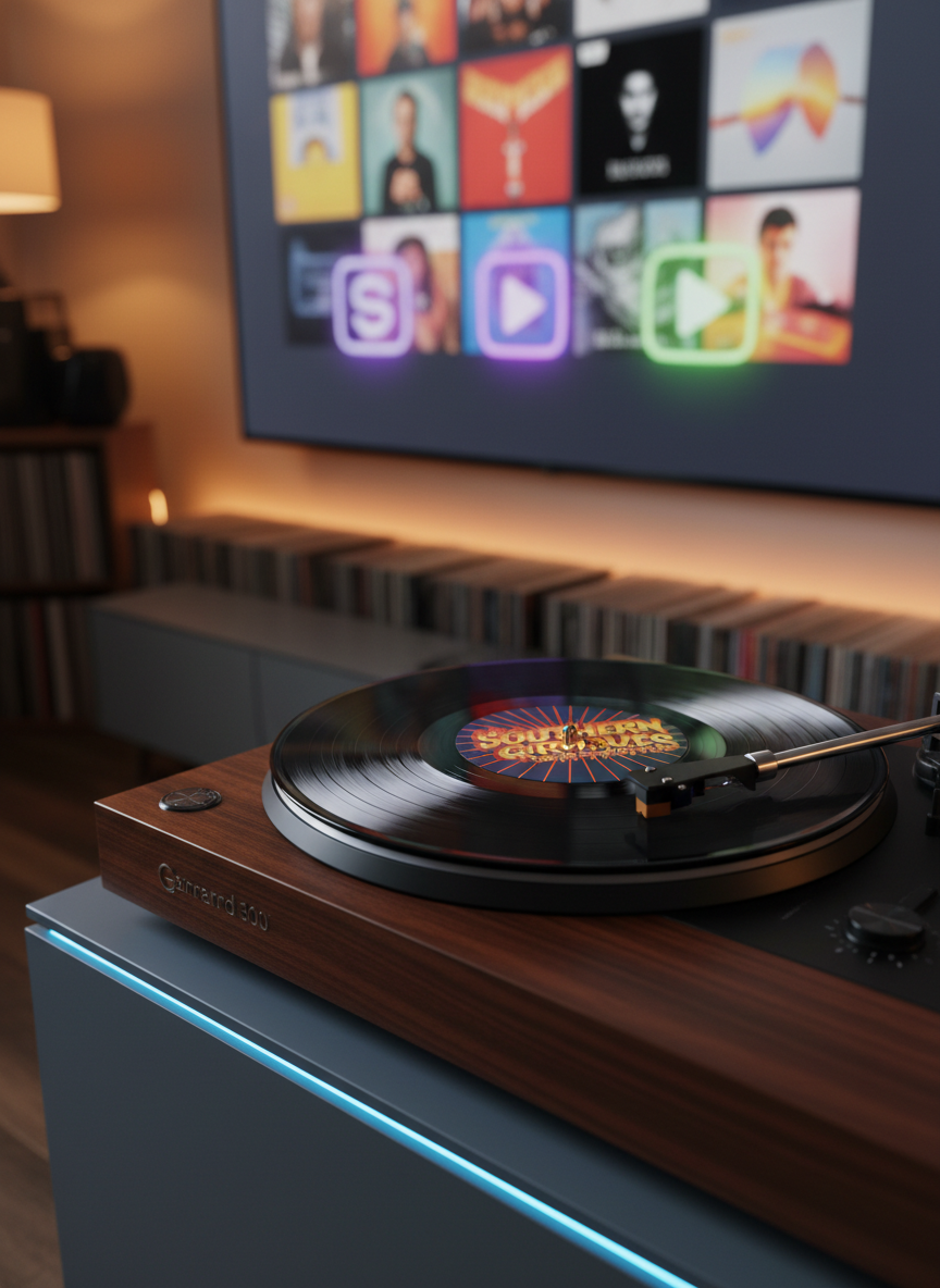 A close-up, photographic shot of a glossy black vinyl record labeled with a bold, abstract graphic design inspired by southern soul and hip hop, resting on a vintage wooden turntable with a dark walnut grain. The stylus hovers just above the grooves, reflecting a strip of cool blue LED light from the edge of a modern media console. In the blurred background, colorful CD cases and digital streaming icons glow faintly on a large wall-mounted screen. Soft, warm ambient lighting mixes with subtle neon highlights, creating a rich, nostalgic yet contemporary mood. Captured from an eye-level angle with shallow depth of field, the composition feels confident and dynamic, perfect for showcasing new releases and classic hits together.