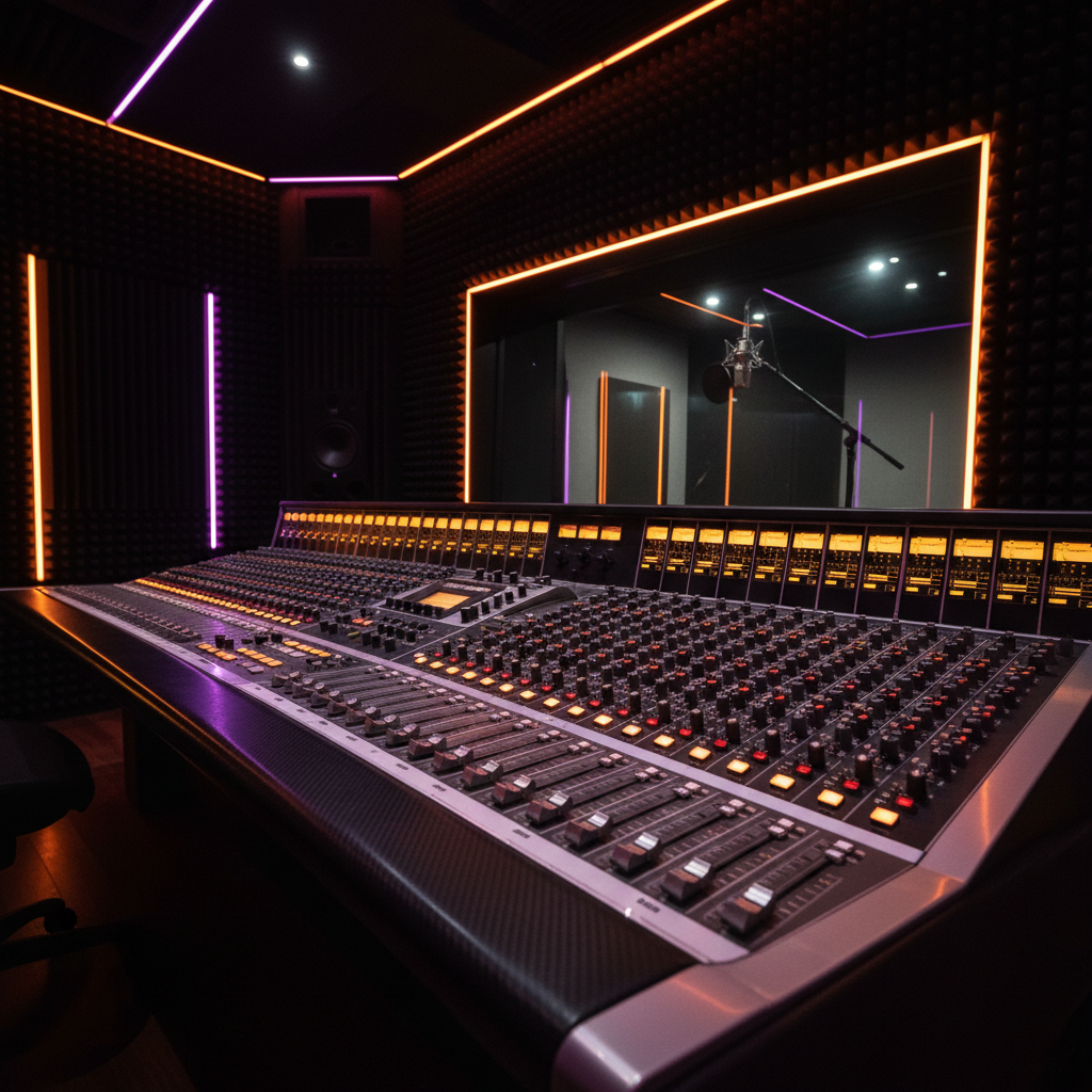 A sleek, modern recording console dominates a dimly lit Atlanta studio, its brushed metal faders, glowing LED meters, and backlit pads arranged in perfect symmetry. Thick acoustic foam panels in deep charcoal line the walls, and a glass window reveals a blurred vocal booth beyond with a suspended microphone silhouette. Neon accents in warm amber and electric purple wash across the gear, creating reflections on the polished black desk surface. Photographic realism, shot from a low, slightly angled perspective that emphasizes the power of the equipment. The lighting is dramatic and moody, with subtle rim light outlining each knob and fader, capturing a bold, high-energy southern soul and hip hop production vibe.