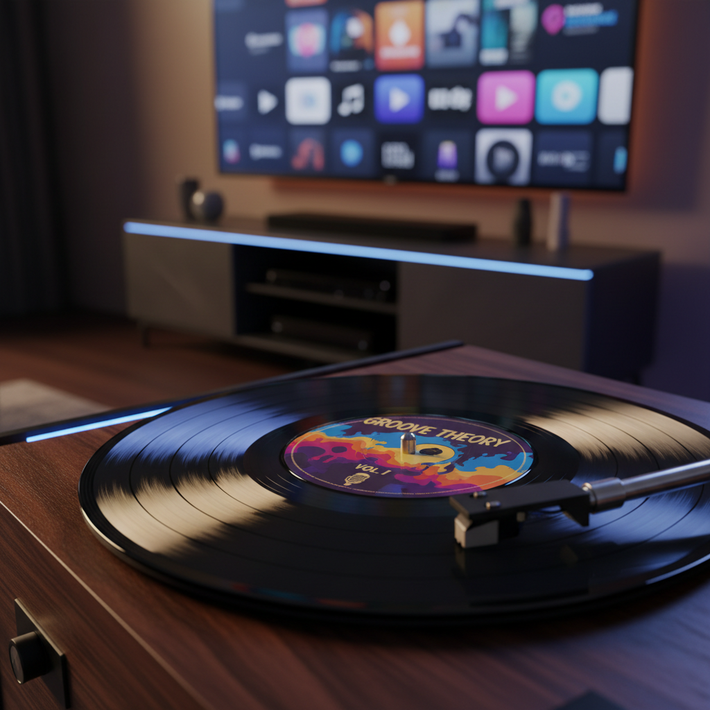A close-up, photographic shot of a glossy black vinyl record labeled with a bold, abstract graphic design inspired by southern soul and hip hop, resting on a vintage wooden turntable with a dark walnut grain. The stylus hovers just above the grooves, reflecting a strip of cool blue LED light from the edge of a modern media console. In the blurred background, colorful CD cases and digital streaming icons glow faintly on a large wall-mounted screen. Soft, warm ambient lighting mixes with subtle neon highlights, creating a rich, nostalgic yet contemporary mood. Captured from an eye-level angle with shallow depth of field, the composition feels confident and dynamic, perfect for showcasing new releases and classic hits together.