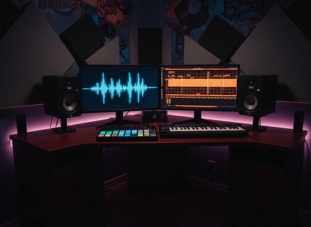 A moody, photographic interior of a compact home studio corner with a dark mahogany desk supporting dual computer monitors showing abstract waveforms and beat grids in vivid electric blues and hot oranges. A MIDI pad controller with glowing multicolor pads and a compact keyboard sits front and center on the desk’s smooth surface. Black studio monitor speakers with visible cone texture stand on each side, angled inward. A wall behind is decorated with sound-absorbing panels and a subtle graffiti-style mural referencing southern soul and hip hop culture. Soft, directional LED strip lighting in deep purple and amber outlines the workspace, casting gentle reflections and shadows. Shot from a three-quarter angle, the scene feels bold, creative, and intensely focused on modern music production.